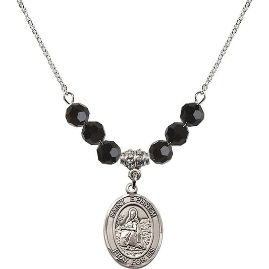 Sterling Silver Saint Ephrem Birthstone Necklace with Jet Beads - 8449