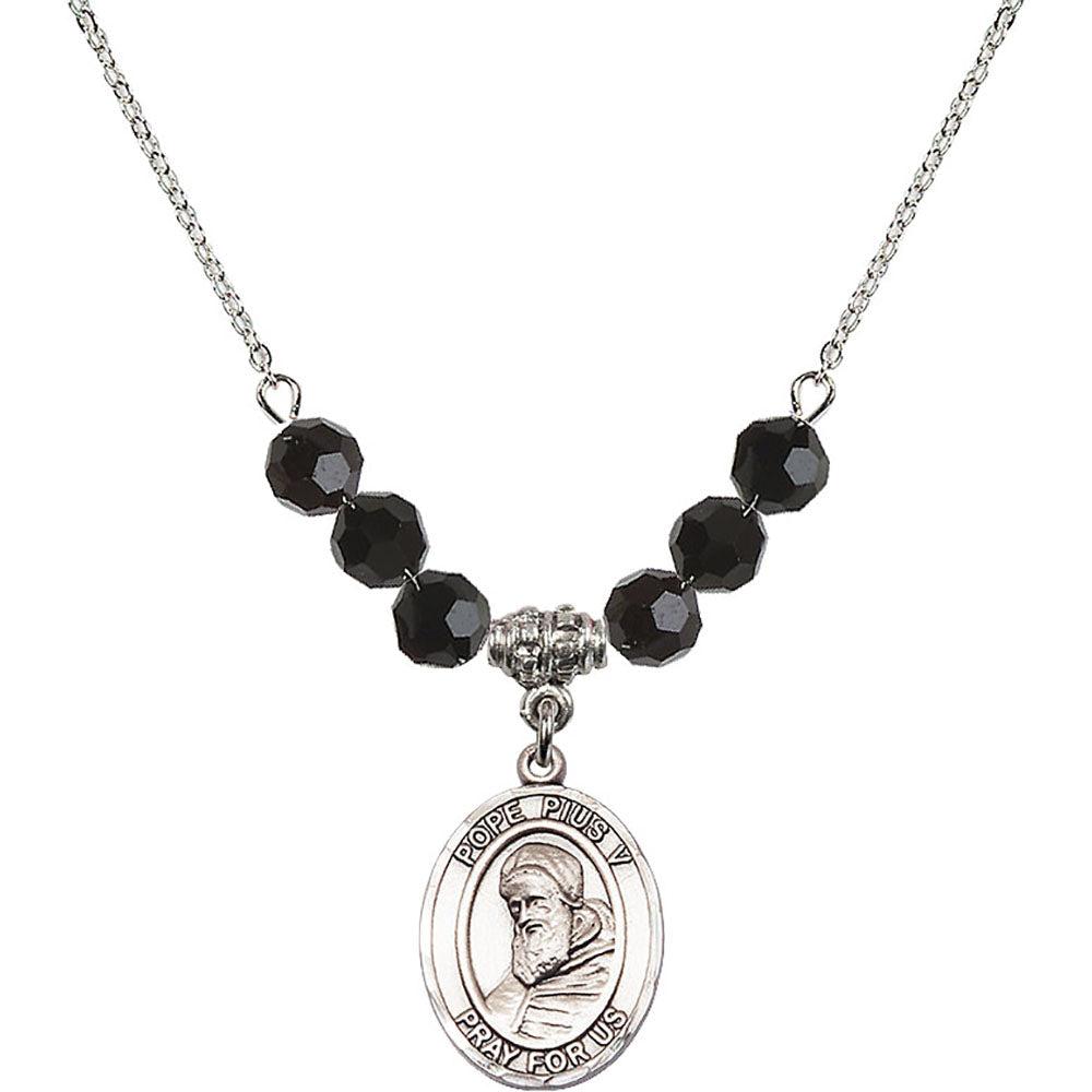 Sterling Silver Saint Pius V Birthstone Necklace with Jet Beads - 8452