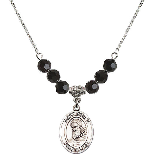 Sterling Silver Saint Pius V Birthstone Necklace with Jet Beads - 8452