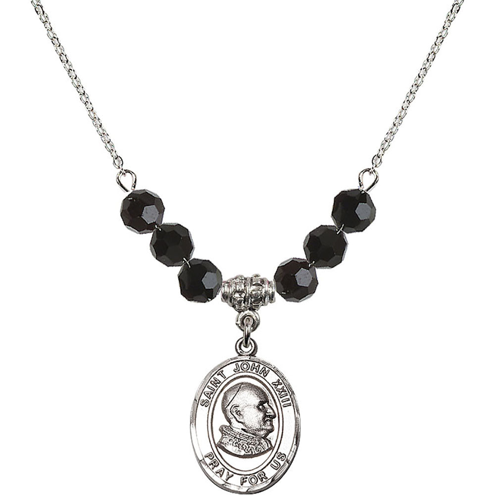 Sterling Silver Saint John XXIII Birthstone Necklace with Jet Beads - 8455