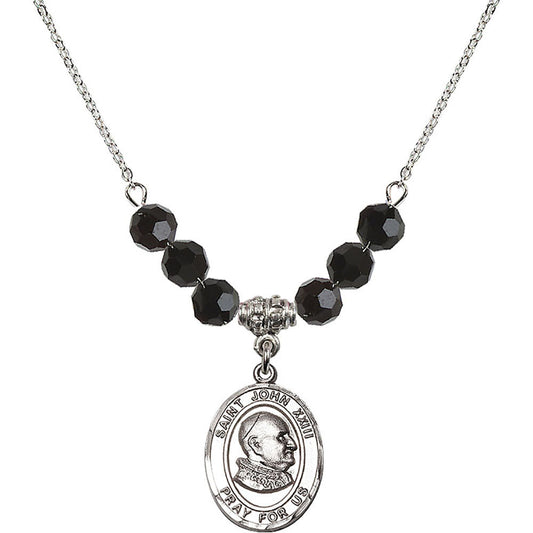 Sterling Silver Saint John XXIII Birthstone Necklace with Jet Beads - 8455