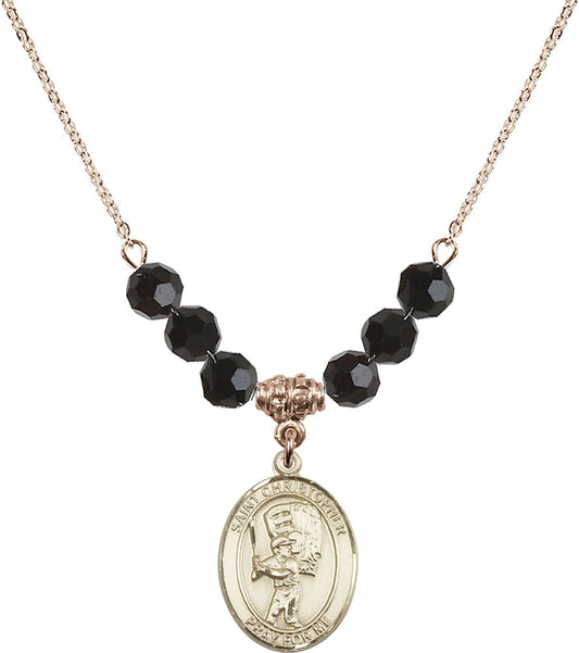 14kt Gold Filled Saint Christopher/Baseball Birthstone Necklace with Jet Beads - 8500