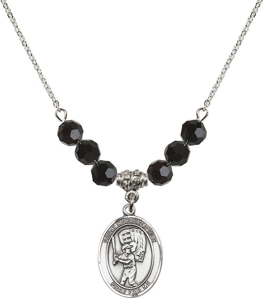 Sterling Silver Saint Christopher/Baseball Birthstone Necklace with Jet Beads - 8500