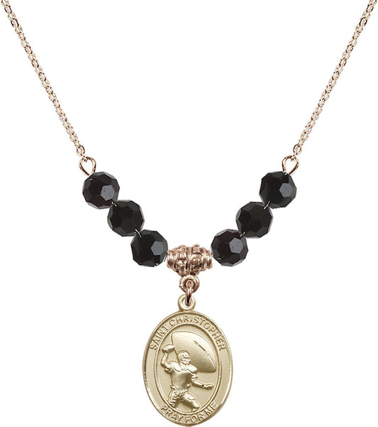 14kt Gold Filled Saint Christopher / Football Birthstone Necklace with Jet Beads - 8501