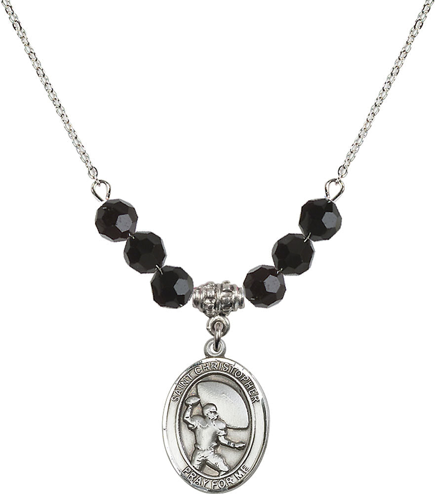 Sterling Silver Saint Christopher / Football Birthstone Necklace with Jet Beads - 8501
