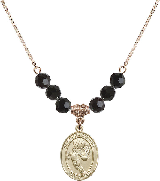 14kt Gold Filled Saint Christopher/Basketball Birthstone Necklace with Jet Beads - 8502