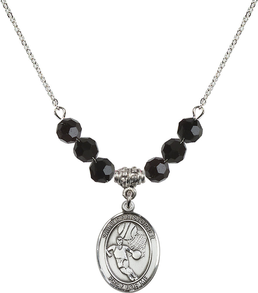 Sterling Silver Saint Christopher/Basketball Birthstone Necklace with Jet Beads - 8502