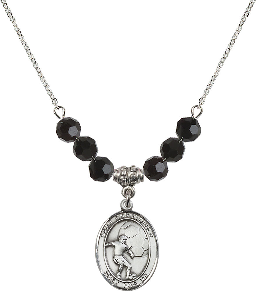 Sterling Silver Saint Christopher/Soccer Birthstone Necklace with Jet Beads - 8503