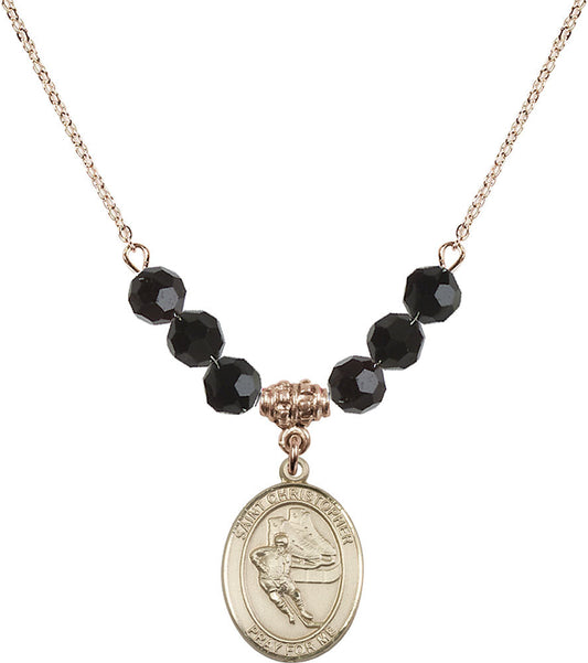 14kt Gold Filled Saint Christopher/Hockey Birthstone Necklace with Jet Beads - 8504