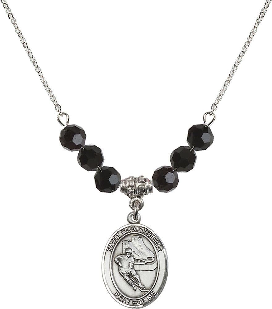 Sterling Silver Saint Christopher/Hockey Birthstone Necklace with Jet Beads - 8504