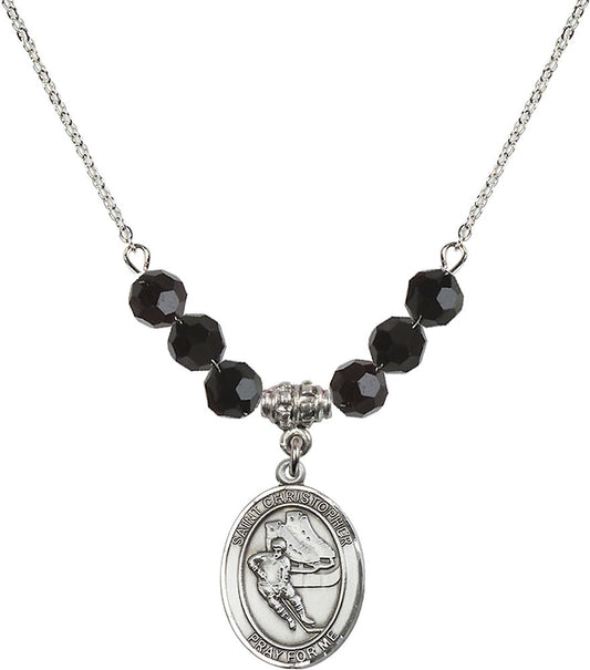 Sterling Silver Saint Christopher/Hockey Birthstone Necklace with Jet Beads - 8504