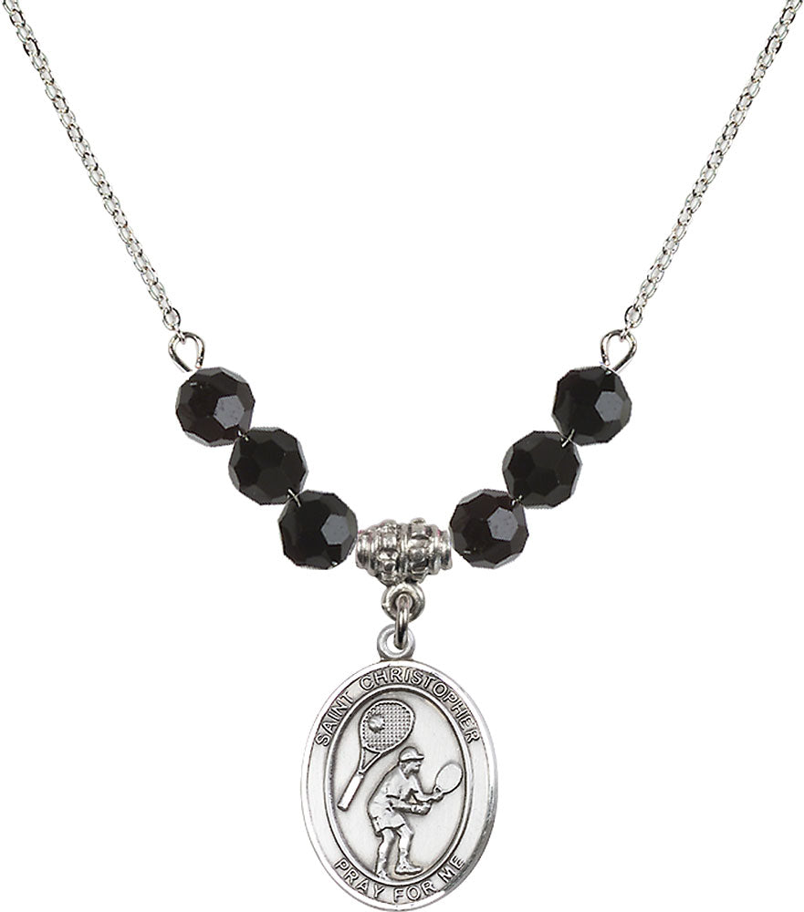 Sterling Silver Saint Christopher/Tennis Birthstone Necklace with Jet Beads - 8505