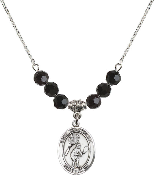 Sterling Silver Saint Christopher/Tennis Birthstone Necklace with Jet Beads - 8505