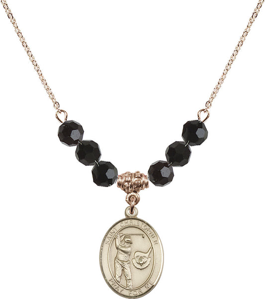 14kt Gold Filled Saint Christopher/Golf Birthstone Necklace with Jet Beads - 8506