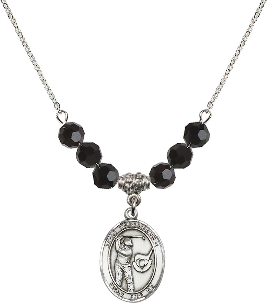 Sterling Silver Saint Christopher/Golf Birthstone Necklace with Jet Beads - 8506