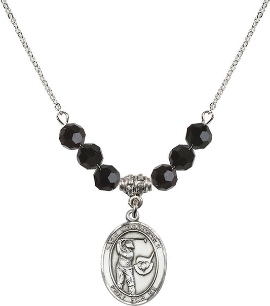 Sterling Silver Saint Christopher/Golf Birthstone Necklace with Jet Beads - 8506