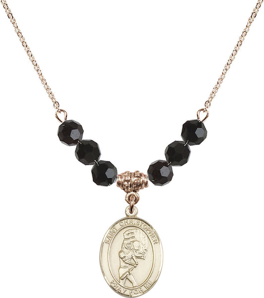 14kt Gold Filled Saint Christopher/Softball Birthstone Necklace with Jet Beads - 8507