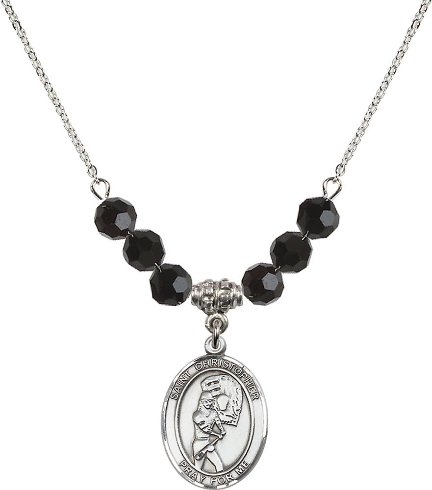 Sterling Silver Saint Christopher/Softball Birthstone Necklace with Jet Beads - 8507