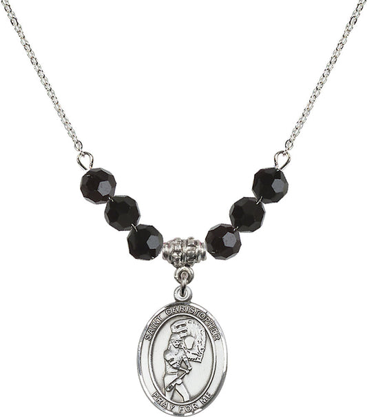 Sterling Silver Saint Christopher/Softball Birthstone Necklace with Jet Beads - 8507