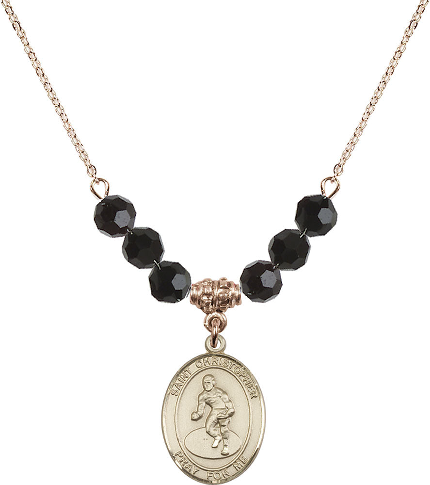 14kt Gold Filled Saint Christopher/Wrestling Birthstone Necklace with Jet Beads - 8508