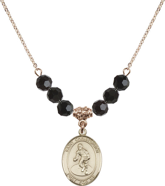 14kt Gold Filled Saint Christopher/Wrestling Birthstone Necklace with Jet Beads - 8508