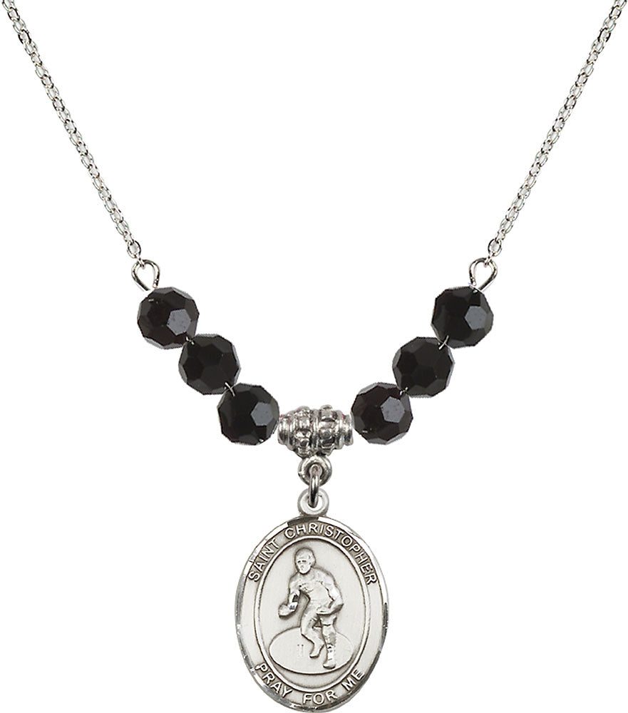 Sterling Silver Saint Christopher/Wrestling Birthstone Necklace with Jet Beads - 8508