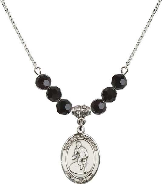 Sterling Silver Saint Christopher/Wrestling Birthstone Necklace with Jet Beads - 8508