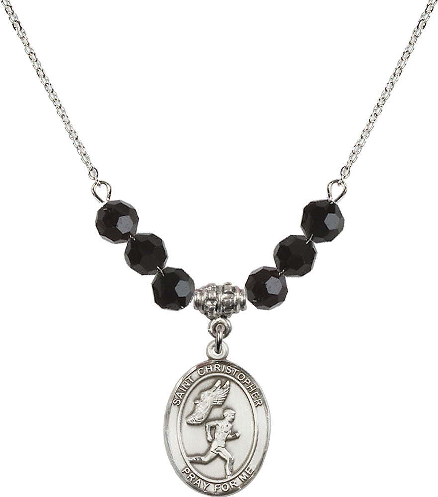 Sterling Silver Saint Christopher/Track&Field-Men Birthstone Necklace with Jet Beads - 8509