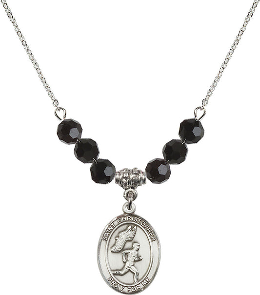 Sterling Silver Saint Christopher/Track&Field-Men Birthstone Necklace with Jet Beads - 8509