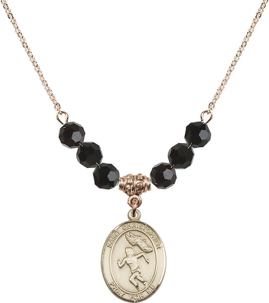 14kt Gold Filled Saint Christopher/Track&Field-Women Birthstone Necklace with Jet Beads - 8510