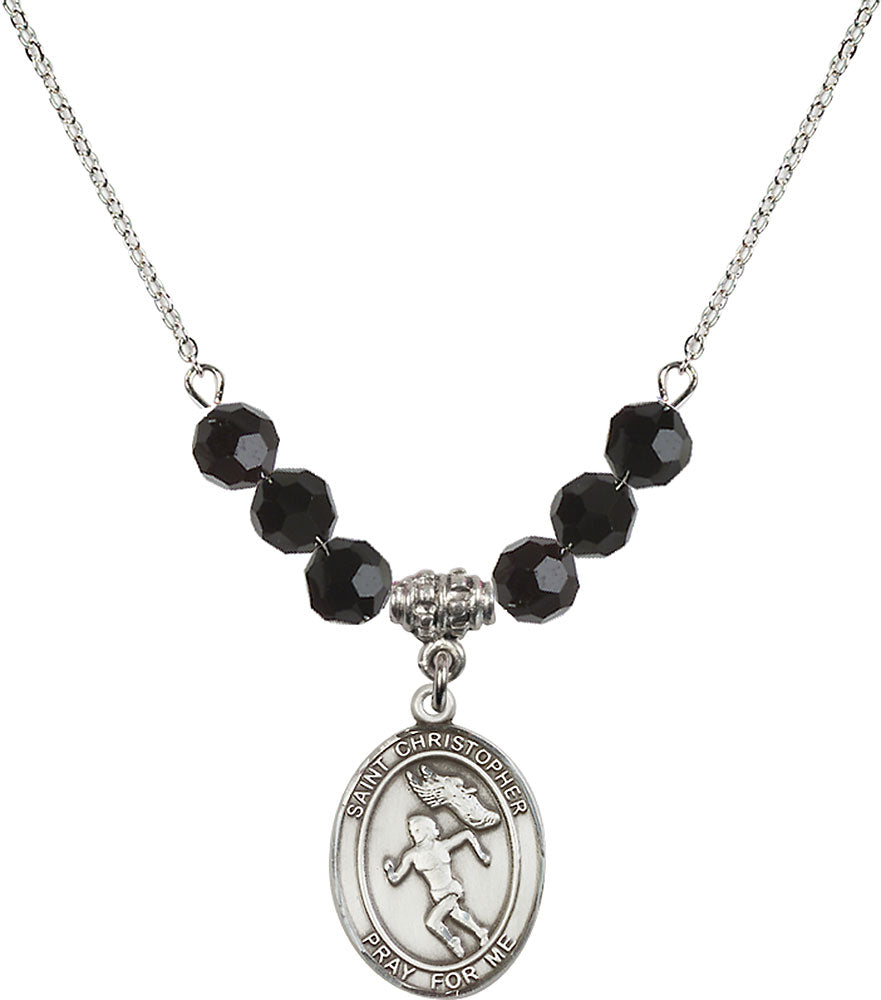 Sterling Silver Saint Christopher/Track&Field-Women Birthstone Necklace with Jet Beads - 8510