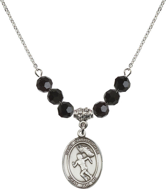 Sterling Silver Saint Christopher/Track&Field-Women Birthstone Necklace with Jet Beads - 8510