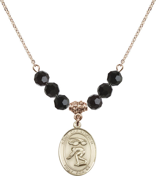 14kt Gold Filled Saint Christopher/Swimming Birthstone Necklace with Jet Beads - 8511
