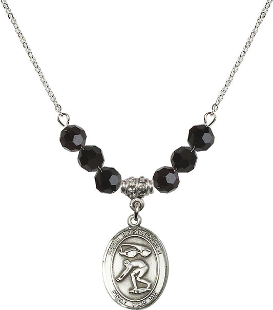 Sterling Silver Saint Christopher/Swimming Birthstone Necklace with Jet Beads - 8511