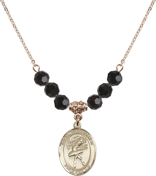 14kt Gold Filled Saint Christopher/Dance Birthstone Necklace with Jet Beads - 8512