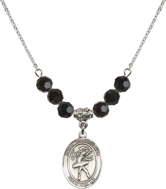 Sterling Silver Saint Christopher/Dance Birthstone Necklace with Jet Beads - 8512