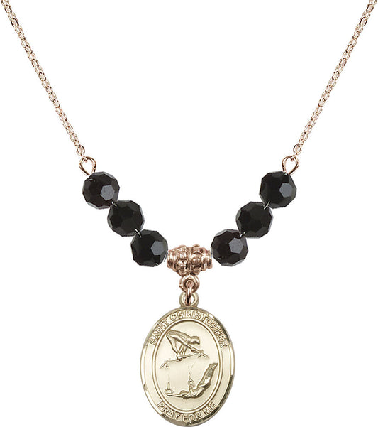 14kt Gold Filled Saint Christopher/Gymnastics Birthstone Necklace with Jet Beads - 8513