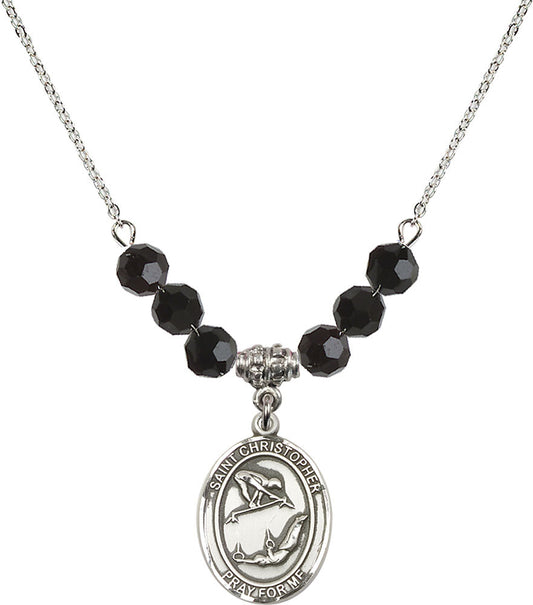 Sterling Silver Saint Christopher/Gymnastics Birthstone Necklace with Jet Beads - 8513