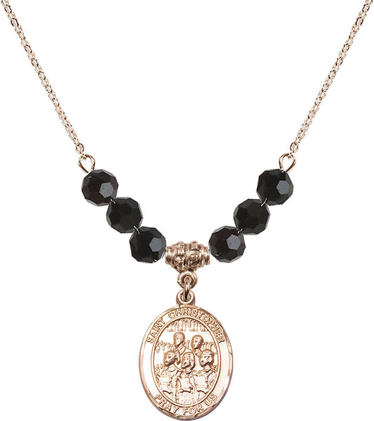 14kt Gold Filled Saint Christopher / Choir Birthstone Necklace with Jet Beads - 8514