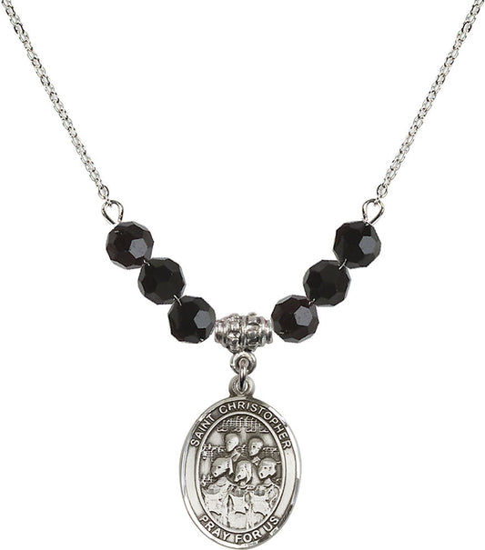 Sterling Silver Saint Christopher / Choir Birthstone Necklace with Jet Beads - 8514