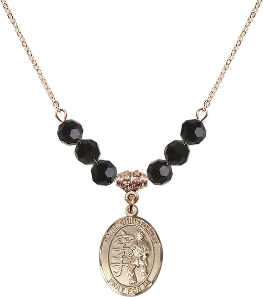 14kt Gold Filled Saint Christopher / Karate Birthstone Necklace with Jet Beads - 8515