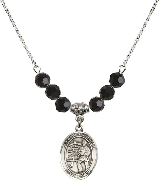 Sterling Silver Saint Christopher / Karate Birthstone Necklace with Jet Beads - 8515