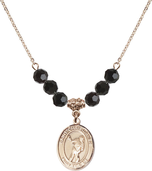14kt Gold Filled Saint Christopher/Lacrosse Birthstone Necklace with Jet Beads - 8516