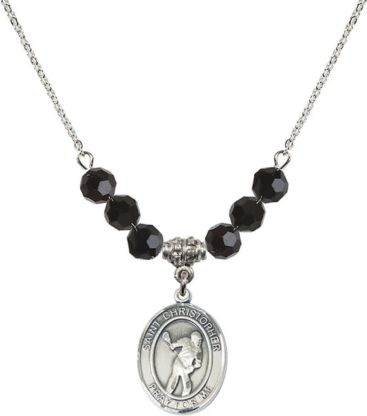 Sterling Silver Saint Christopher/Lacrosse Birthstone Necklace with Jet Beads - 8516