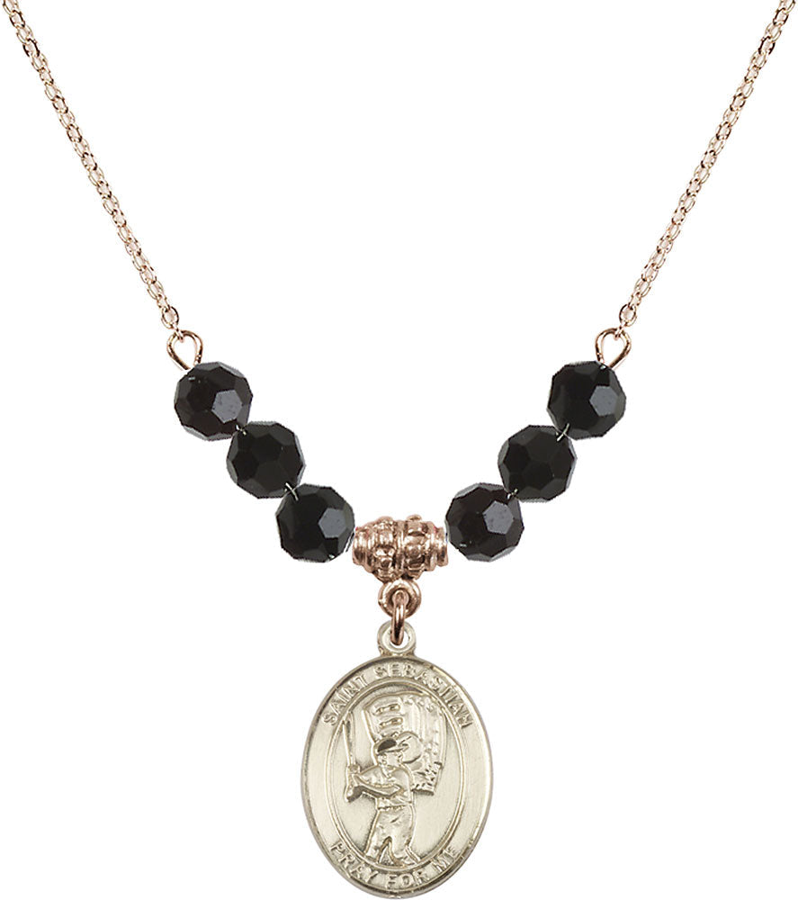 14kt Gold Filled Saint Sebastian / Baseball Birthstone Necklace with Jet Beads - 8600