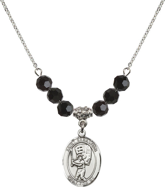 Sterling Silver Saint Sebastian / Baseball Birthstone Necklace with Jet Beads - 8600