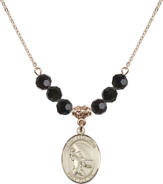 14kt Gold Filled Saint Sebastian / Football Birthstone Necklace with Jet Beads - 8601