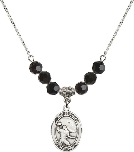 Sterling Silver Saint Sebastian / Football Birthstone Necklace with Jet Beads - 8601