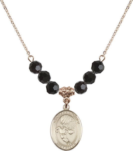 14kt Gold Filled Saint Sebastian/Basketball Birthstone Necklace with Jet Beads - 8602
