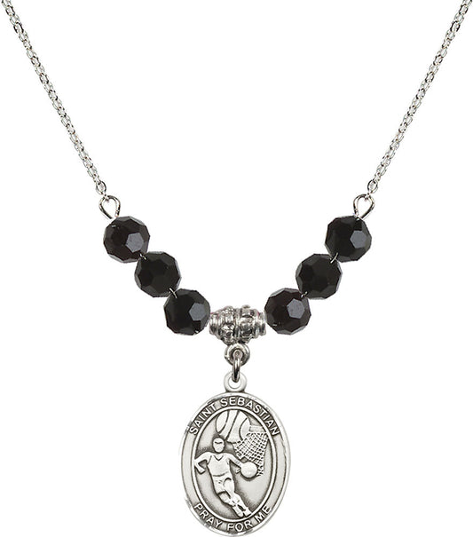 Sterling Silver Saint Sebastian/Basketball Birthstone Necklace with Jet Beads - 8602